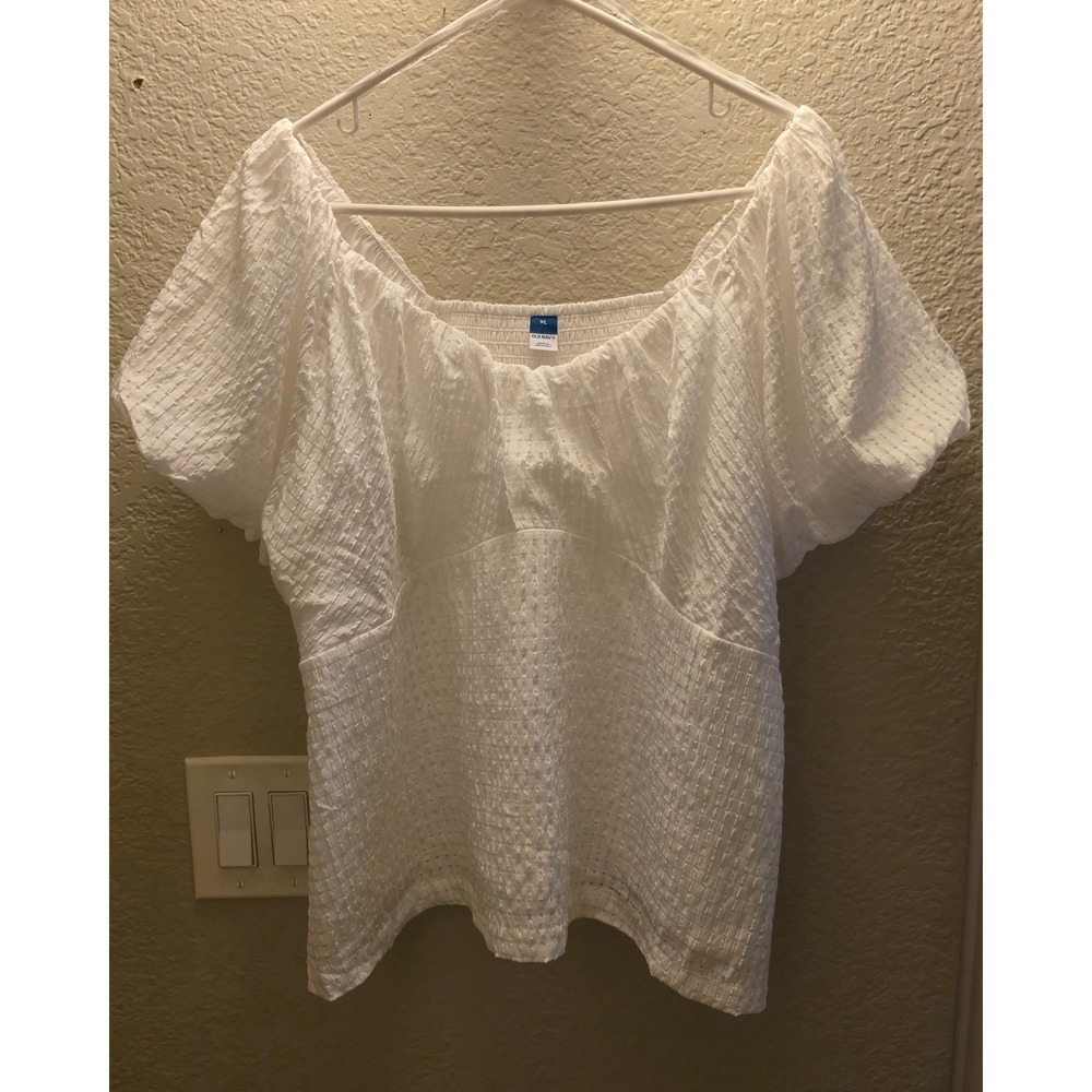 Old Navy SS Vee Trapeze Top XL White Puff Sleeve Smocked Cottagecore New w/Tag